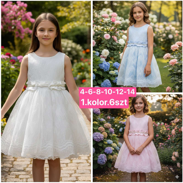 Sukienki dziewczęce Roz 4-14, 1 kolor Paczka 6 szt